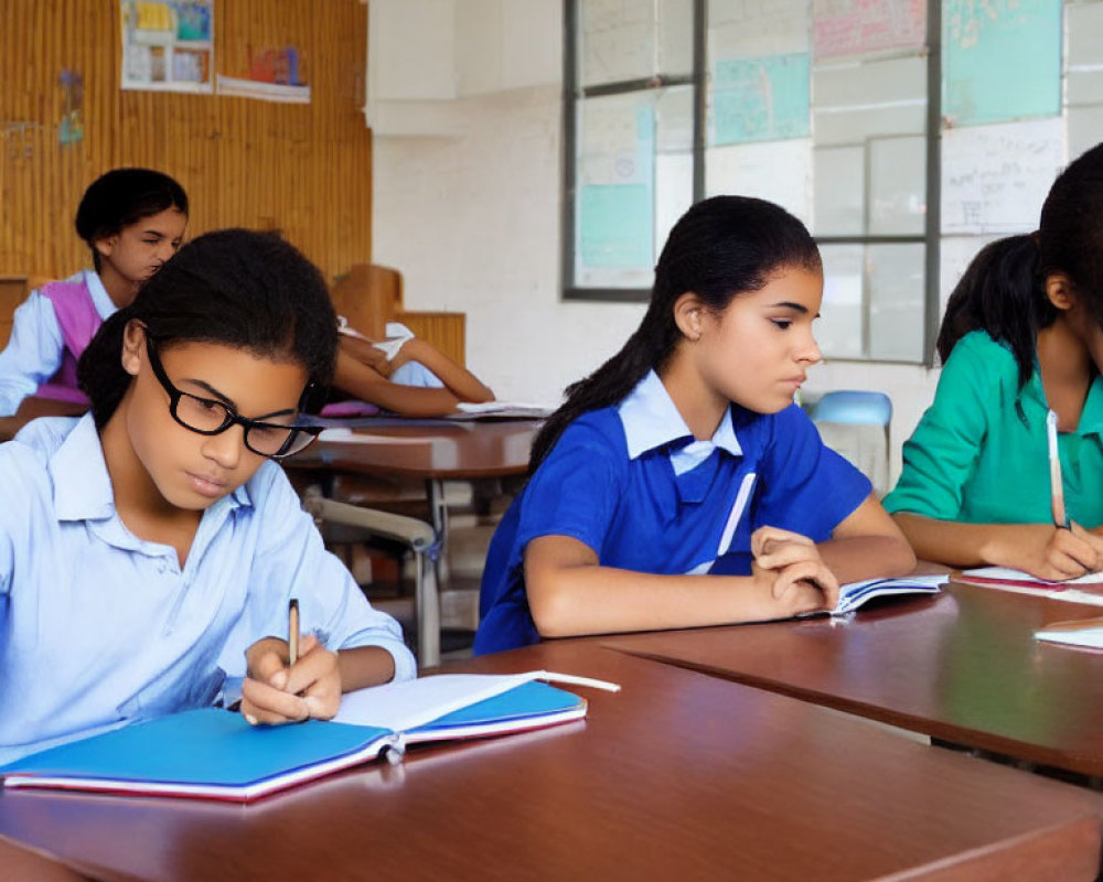 Students in uniforms writing notes in classroom with educational posters