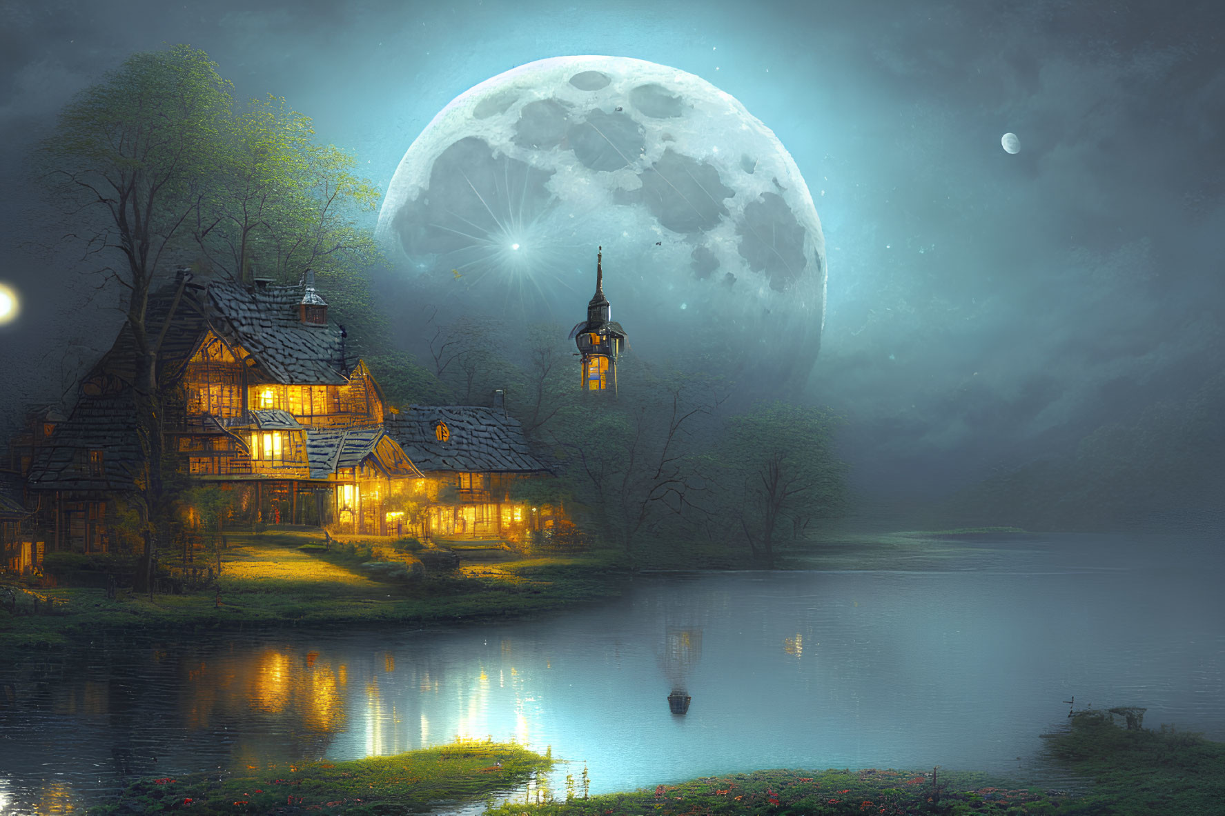 Moonlit Cottage by Tranquil Lake with Boat at Night