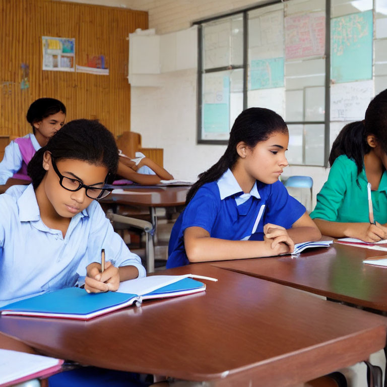 Students in uniforms writing notes in classroom with educational posters