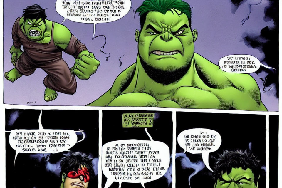 Comic Book Page: Angry Hulk Speaking in Foreign Language with Red Glasses Character Reacting