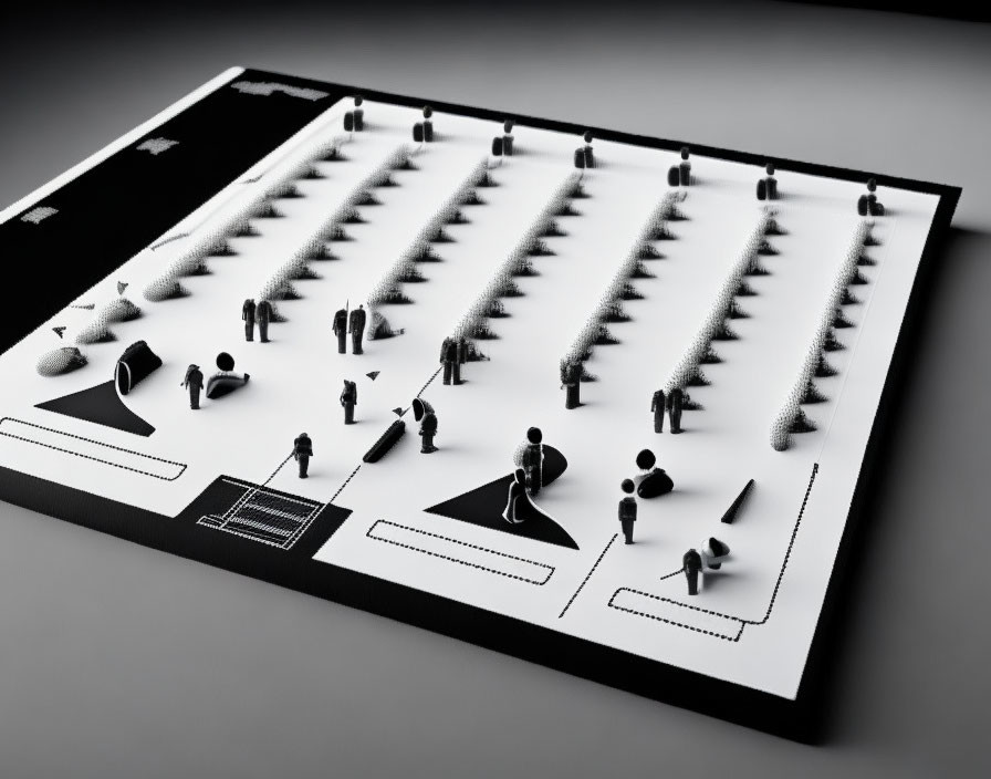 Abstract 3D Chessboard with Human-like Figures & Minimalist Palette