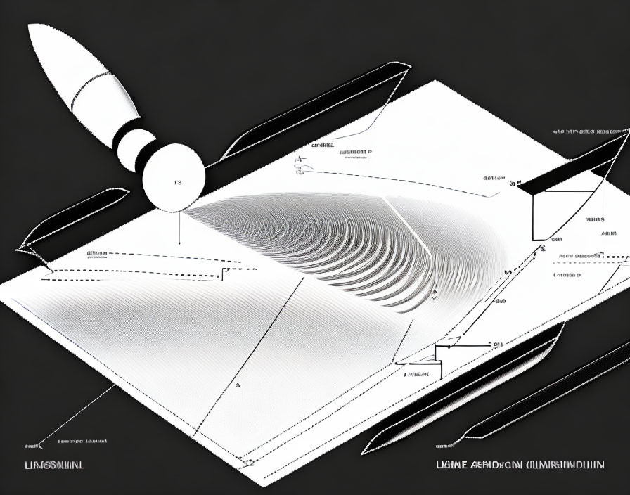 Monochrome rocket diagram with labeled parts and trajectory on black background