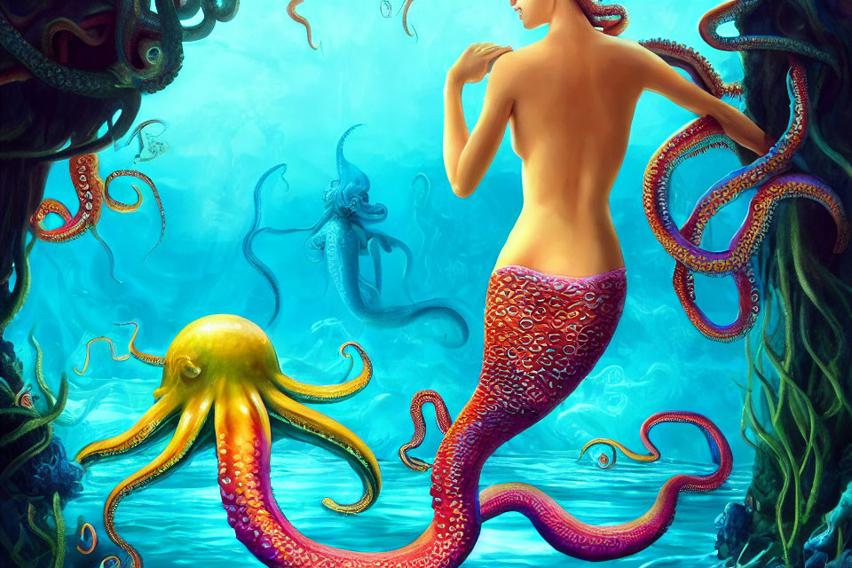 Red-tailed mermaid surrounded by octopuses in underwater setting