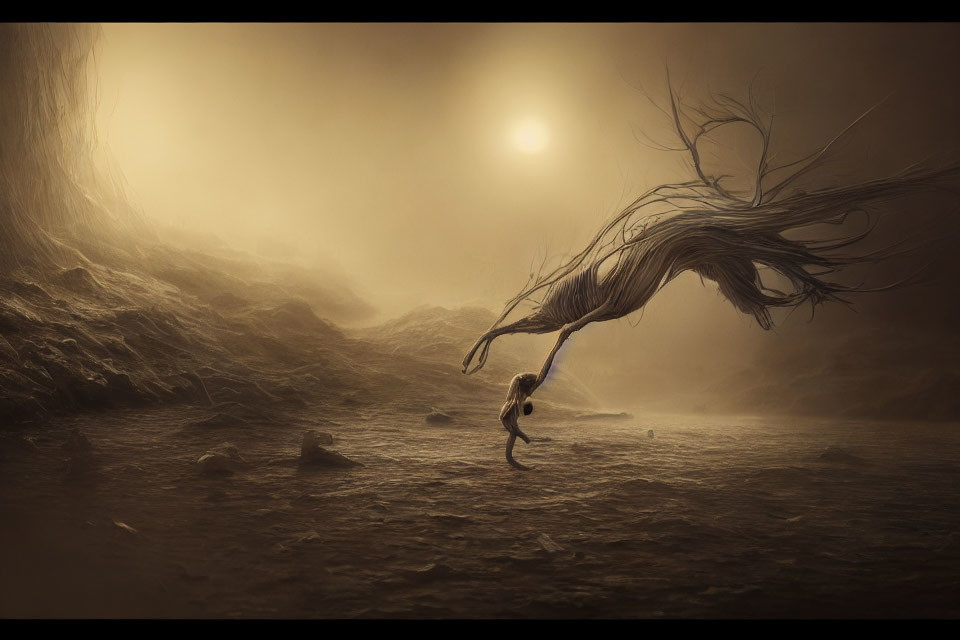 Surreal landscape with hazy sun and floating figure in ethereal dance