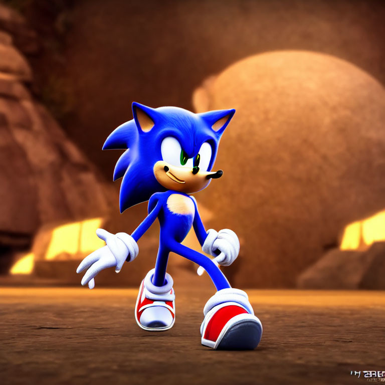 Confident Sonic the Hedgehog 3D render with red sneakers