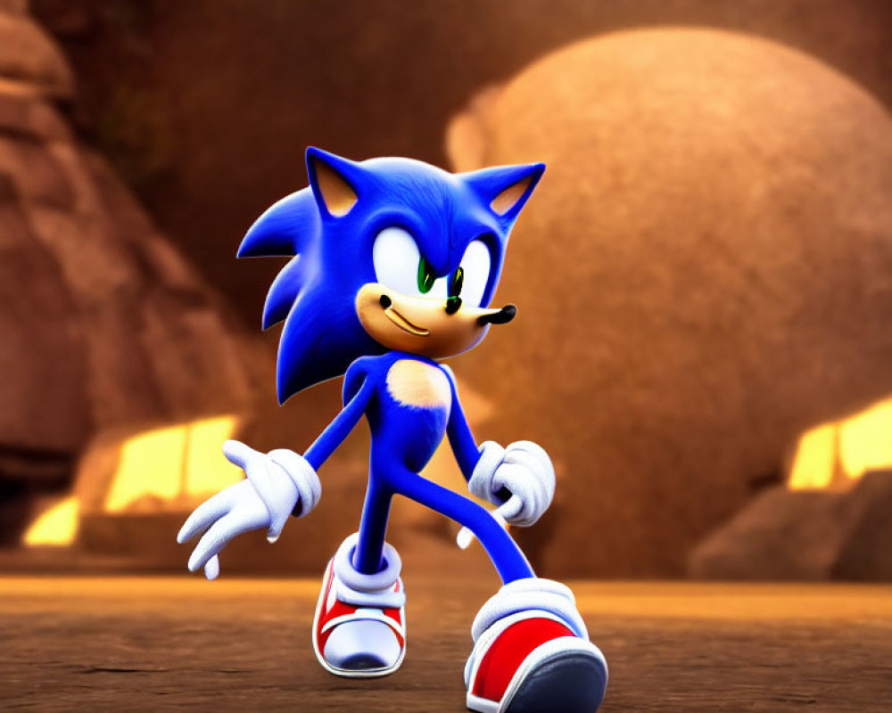 Confident Sonic the Hedgehog 3D render with red sneakers