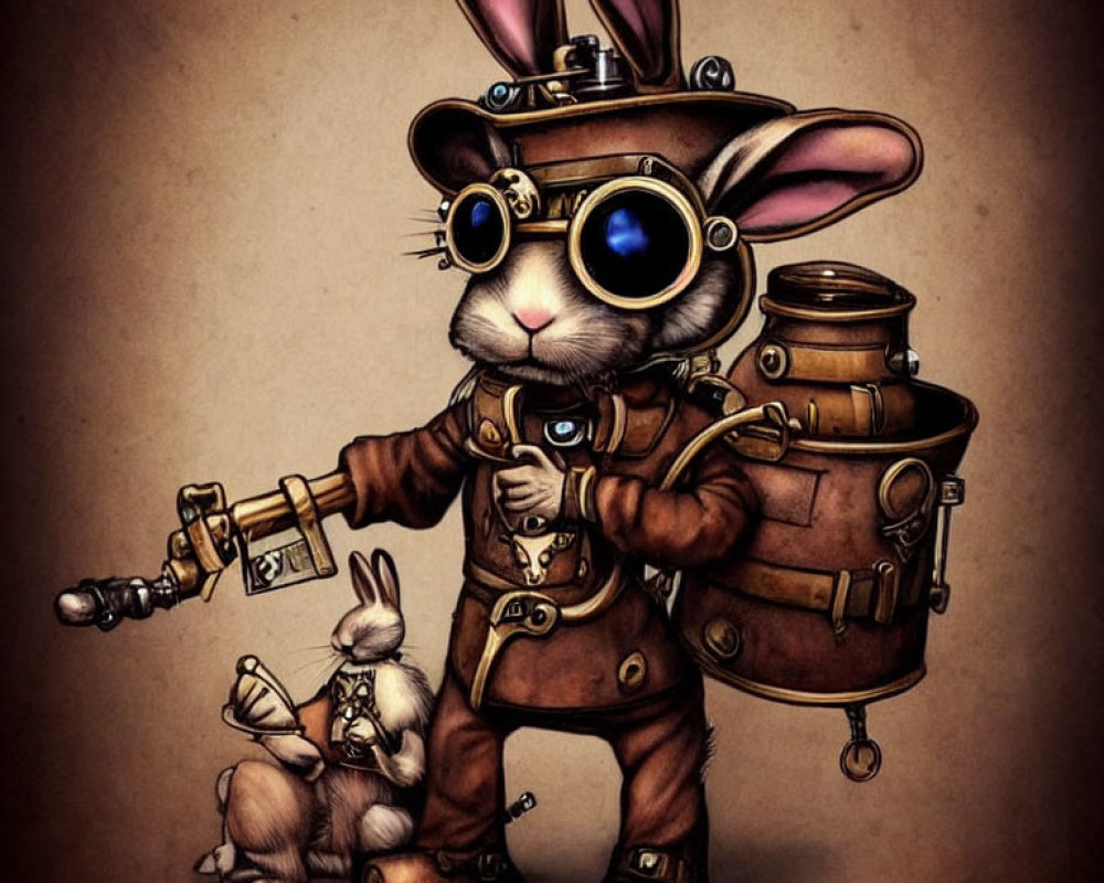 Steampunk-style illustration of rabbits with goggles, backpack, and mechanical arm