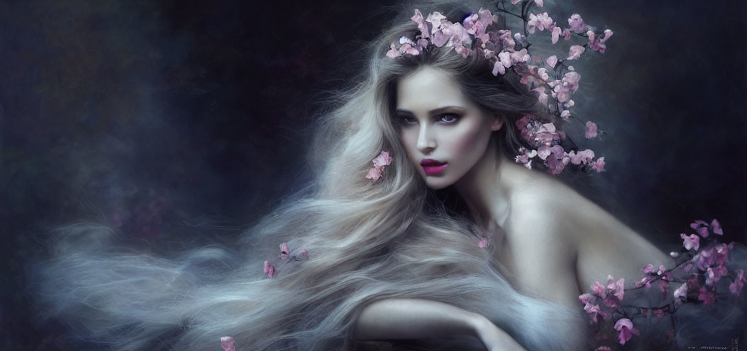 Woman with Long Flowing Hair and Pink Blossoms on Dark Background