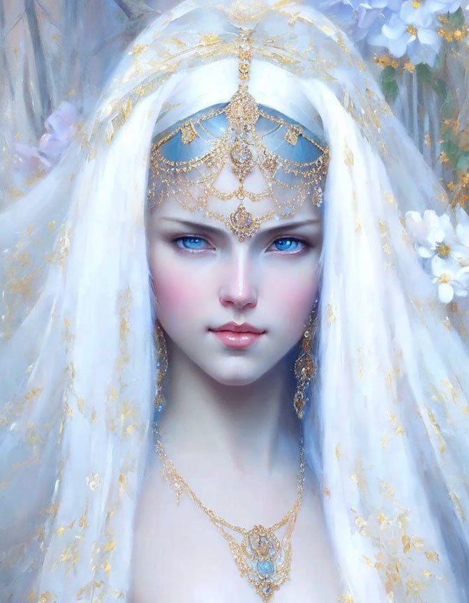 Fantasy portrait of woman with blue eyes and white hair in floral setting