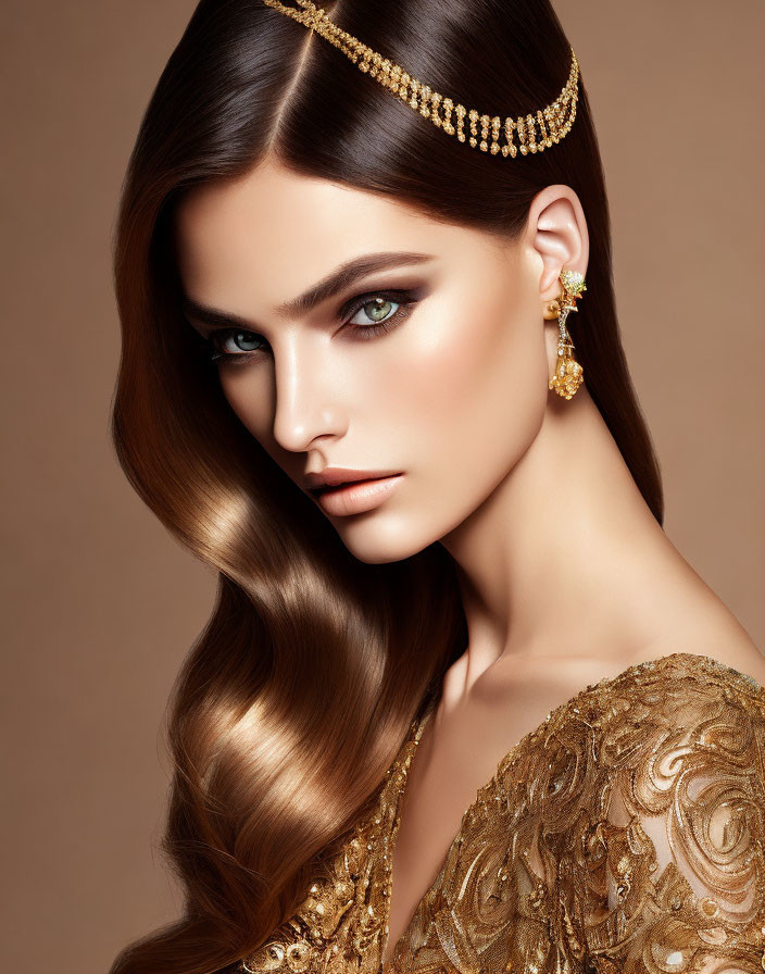 Woman with Long Wavy Hair and Striking Blue Eyes in Golden Headpiece