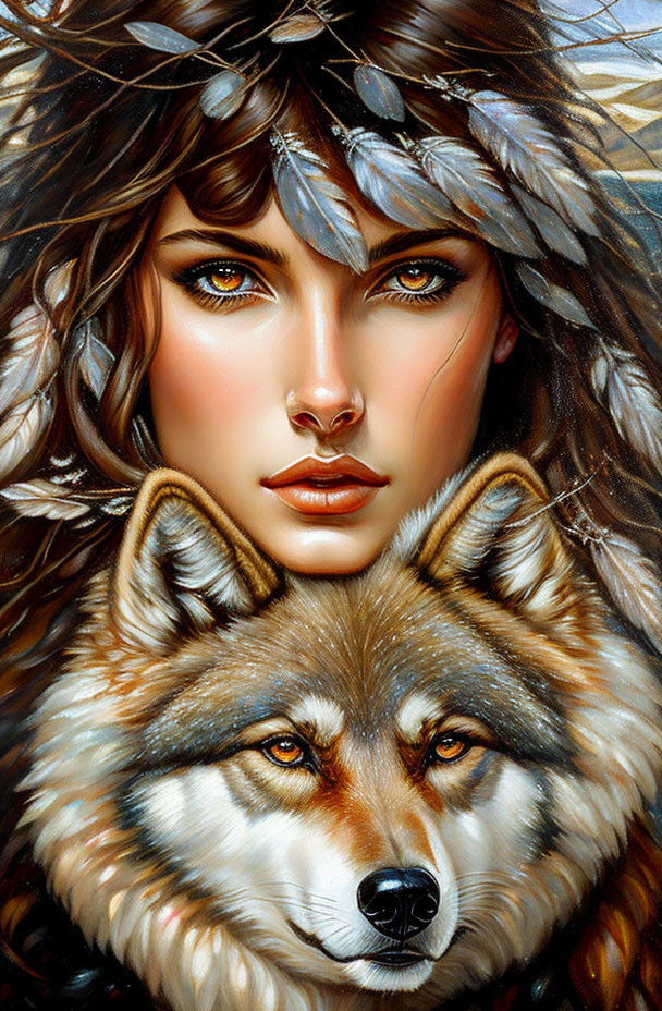 Digital Artwork: Woman with Striking Eyes and Feathers, Aligned with Wolf