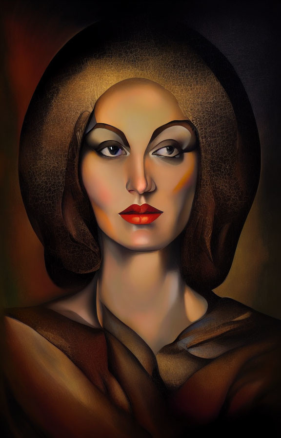 Stylized portrait of a woman with elongated face and dramatic makeup