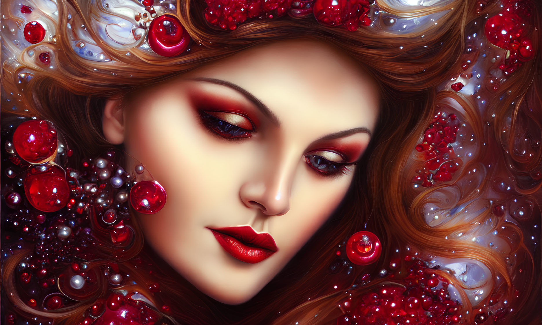 Fantastical portrait of a woman with swirling glossy hair and glistening red orbs.