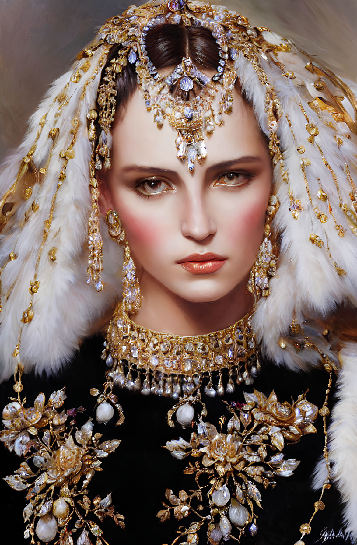 Regal woman in opulent fur headdress and gold jewelry.