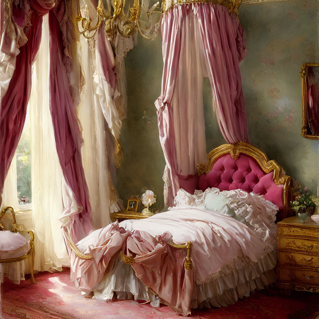 Luxurious Bedroom with Pink Canopy Bed and Golden Accents