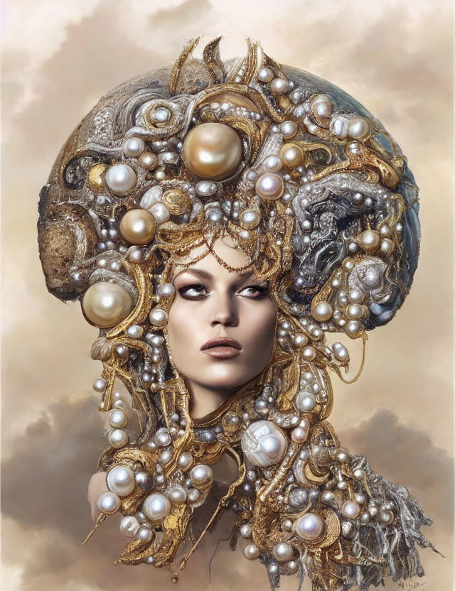 Woman with Ornate Pearl Headdress Against Cloudy Background