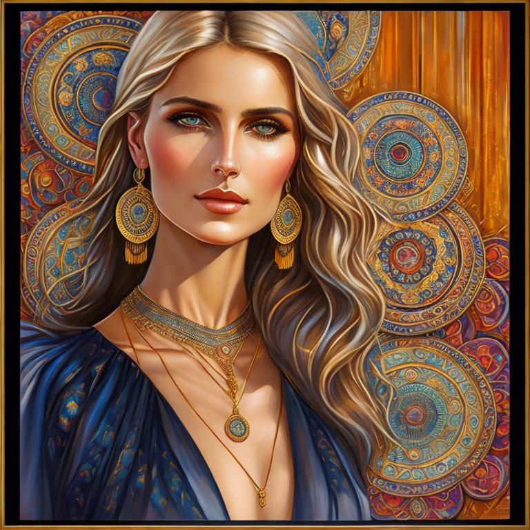 Blond woman with green eyes in blue garment and gold jewelry against ornate background