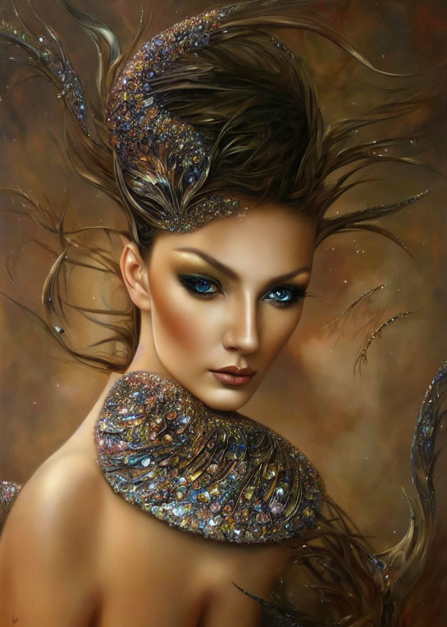 Portrait of Woman with Intense Blue Eyes and Jeweled Headpiece