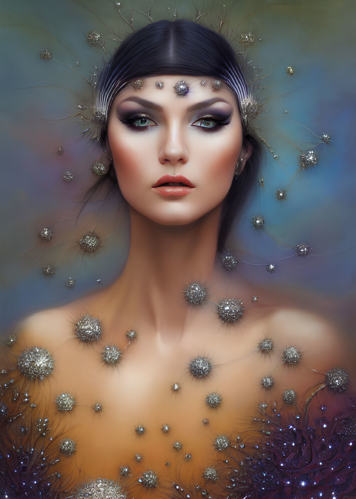 Portrait of Woman with Dandelion-Inspired Headpiece on Gradient Background