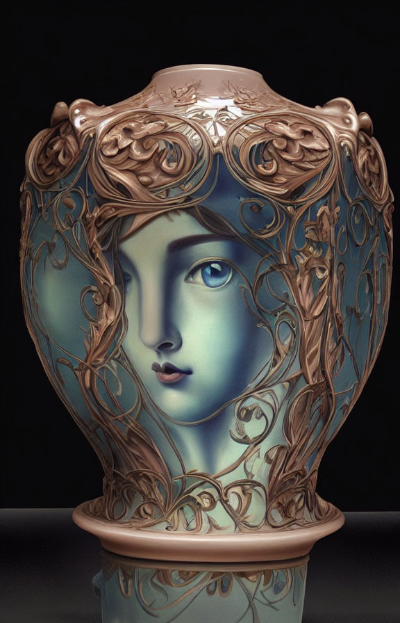 Art Nouveau-Inspired Vase with Feminine Face and Swirling Patterns