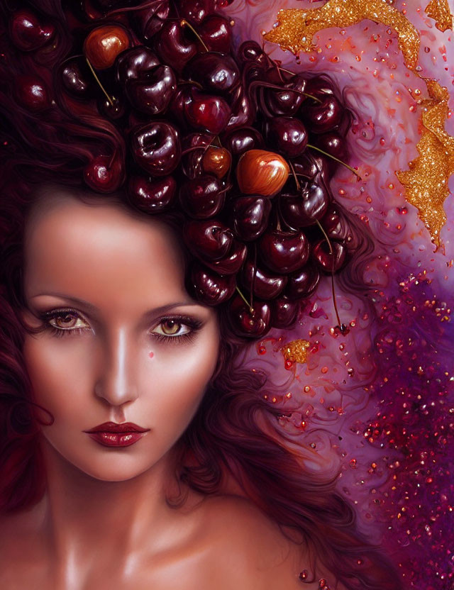 Woman with Deep Red Hair, Cherry Adornments, and Golden Sparkles