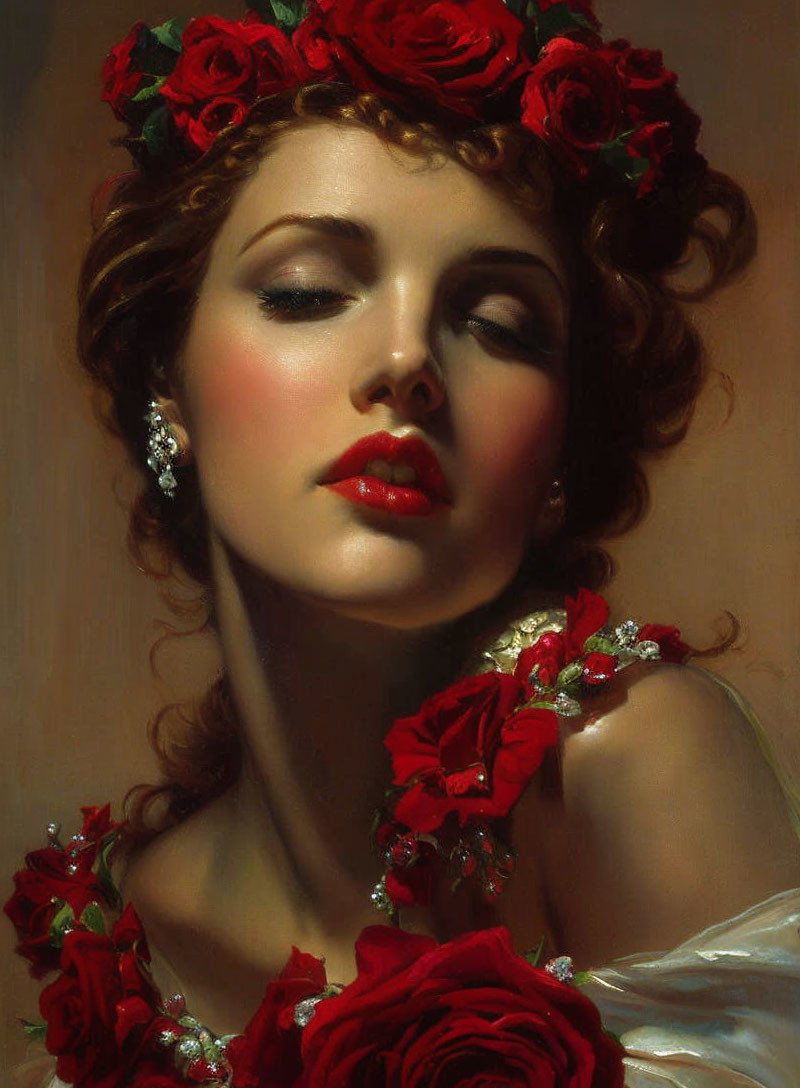 Portrait of woman with closed eyes, red roses in hair, red lipstick, and off-shoulder