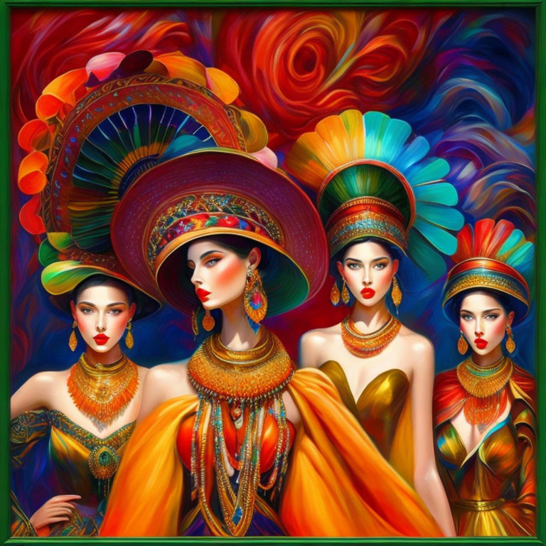 Three Women in Luxurious Attire with Elaborate Headpieces on Colorful Background