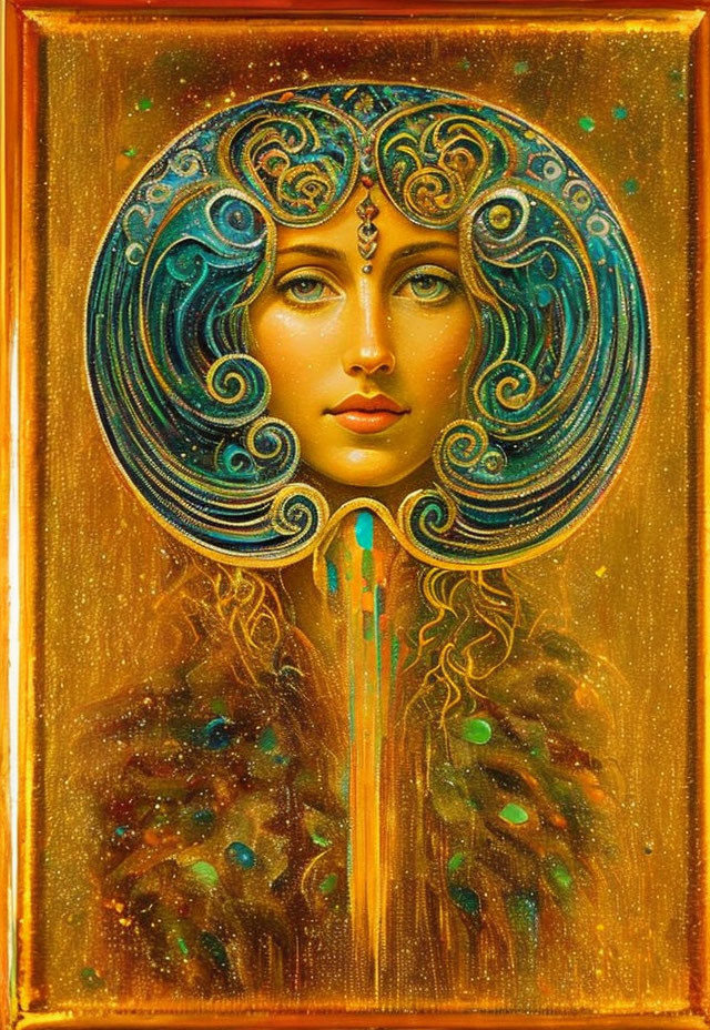 Vivid painting of woman with swirling blue hair and gold frame.