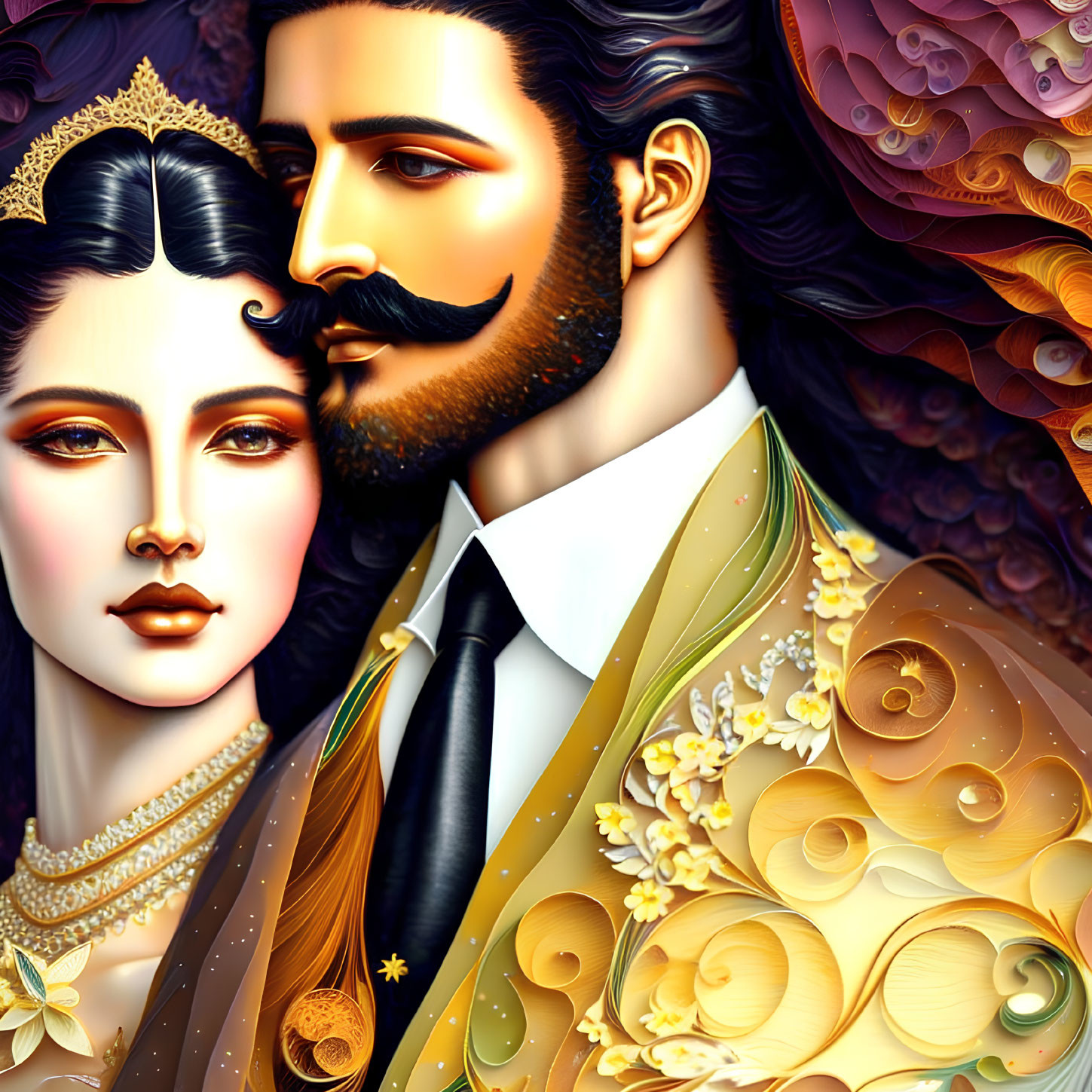 Detailed portrait of regal couple in ornate attire, man with mustache and woman with hairpiece