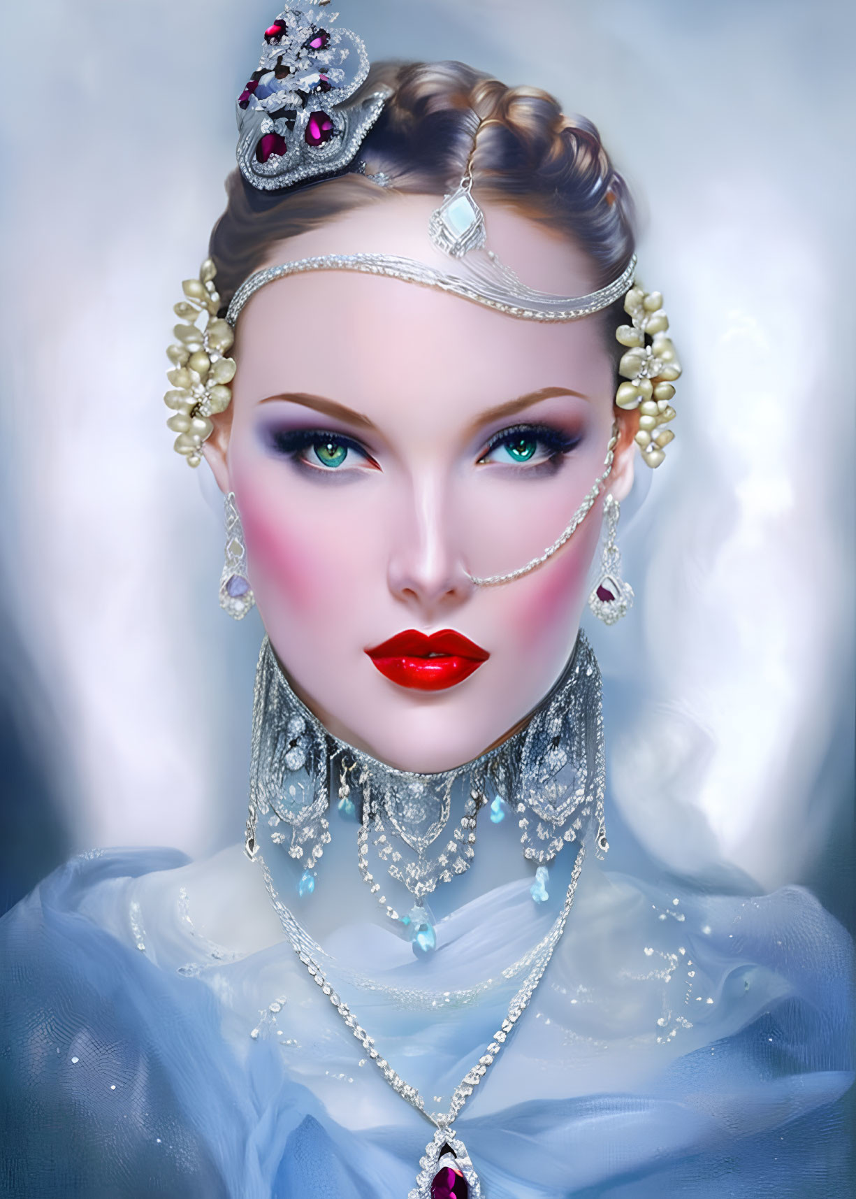 Detailed digital portrait of a woman with pearl headdress and jewelry