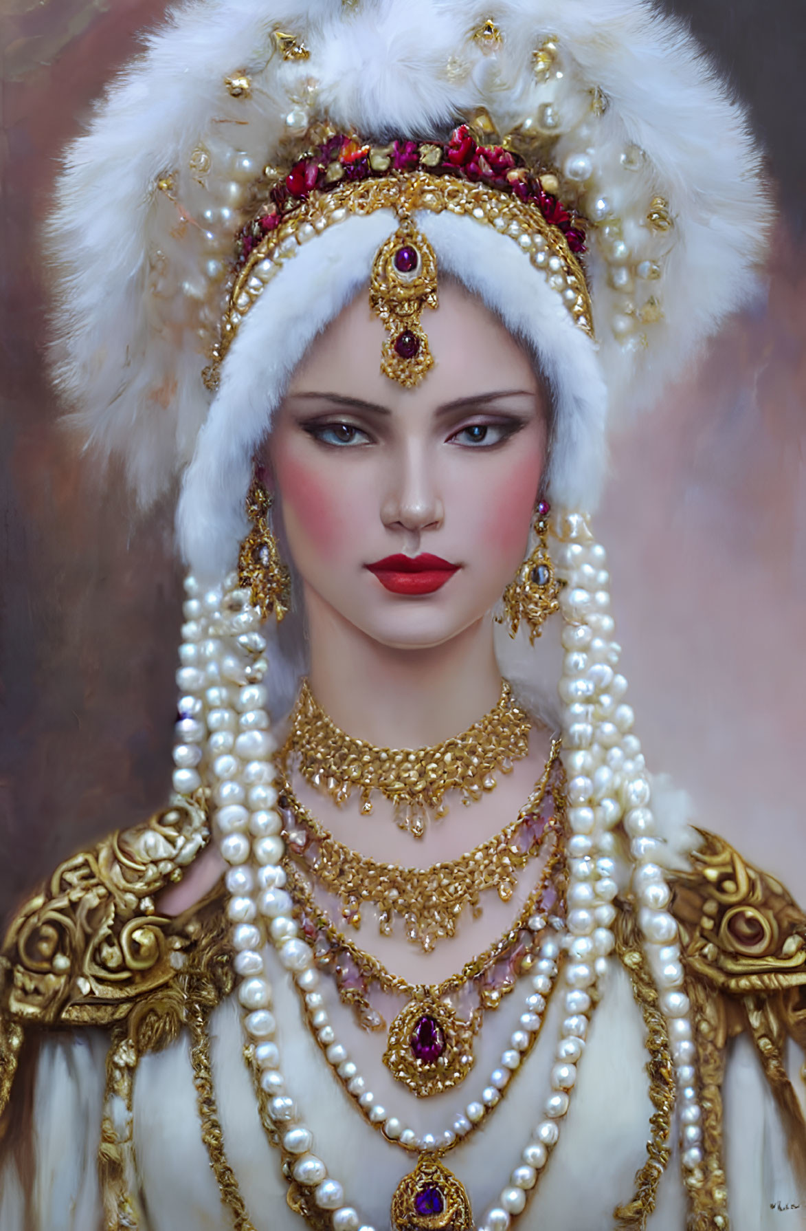 Portrait of Woman in Luxurious Attire and Jewelry with Solemn Expression