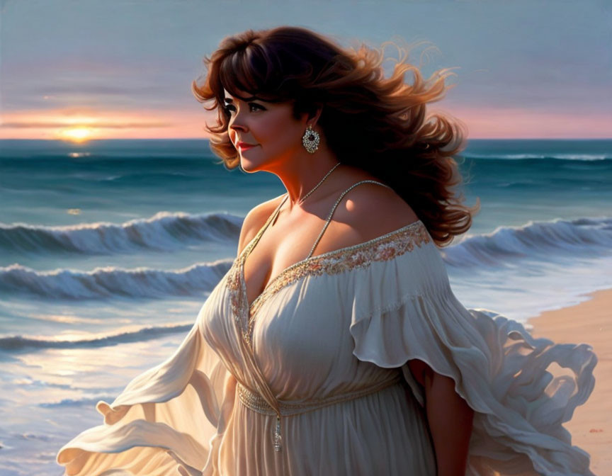 Woman in white dress on beach at sunset with flowing hair