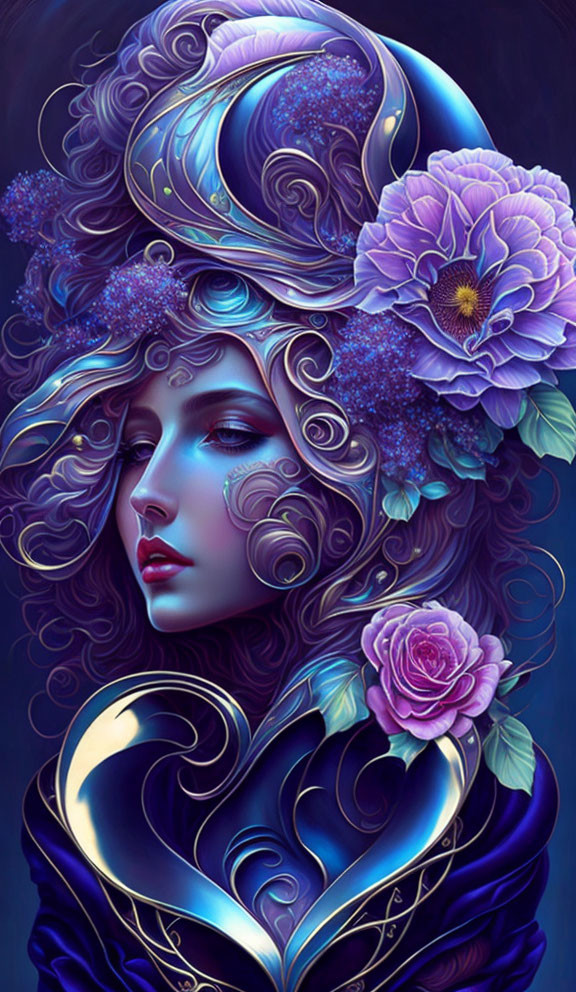 Digital Art: Woman with Floral Hair in Blue and Purple