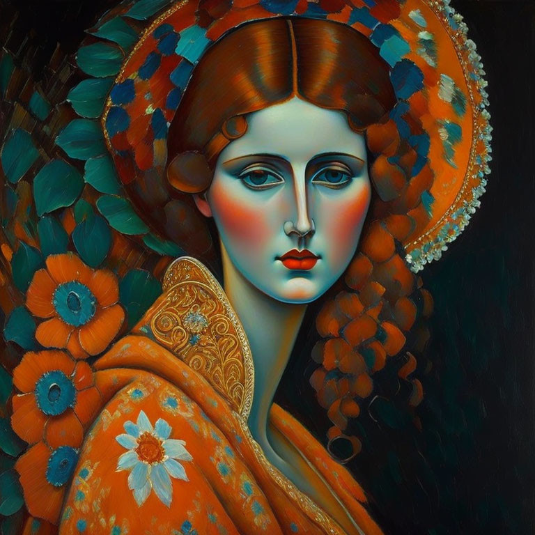 Red-haired woman in orange cloak with blue eyes and floral headpiece