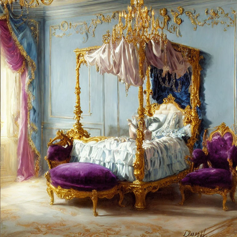 Opulent golden-framed bed with white linens and purple accents