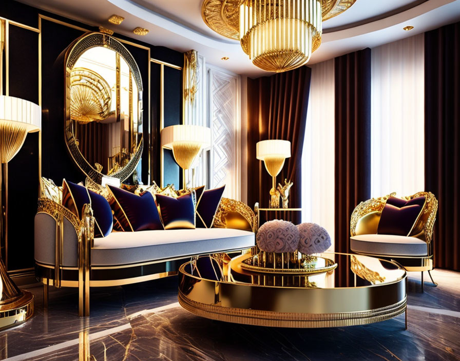 Elegant room with gold accents, round mirrors, marble floor, and ornate lighting