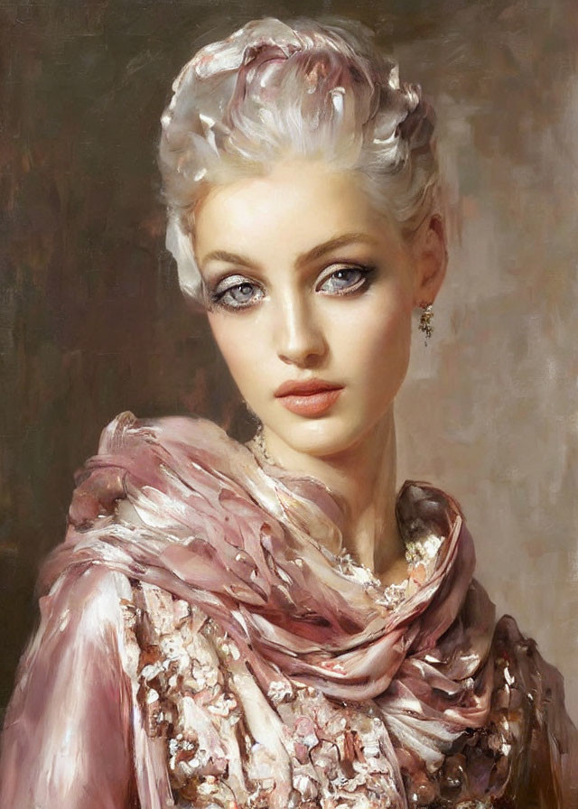 Portrait of woman with pale skin, blue eyes, pink lips, chic updo, sequined pink