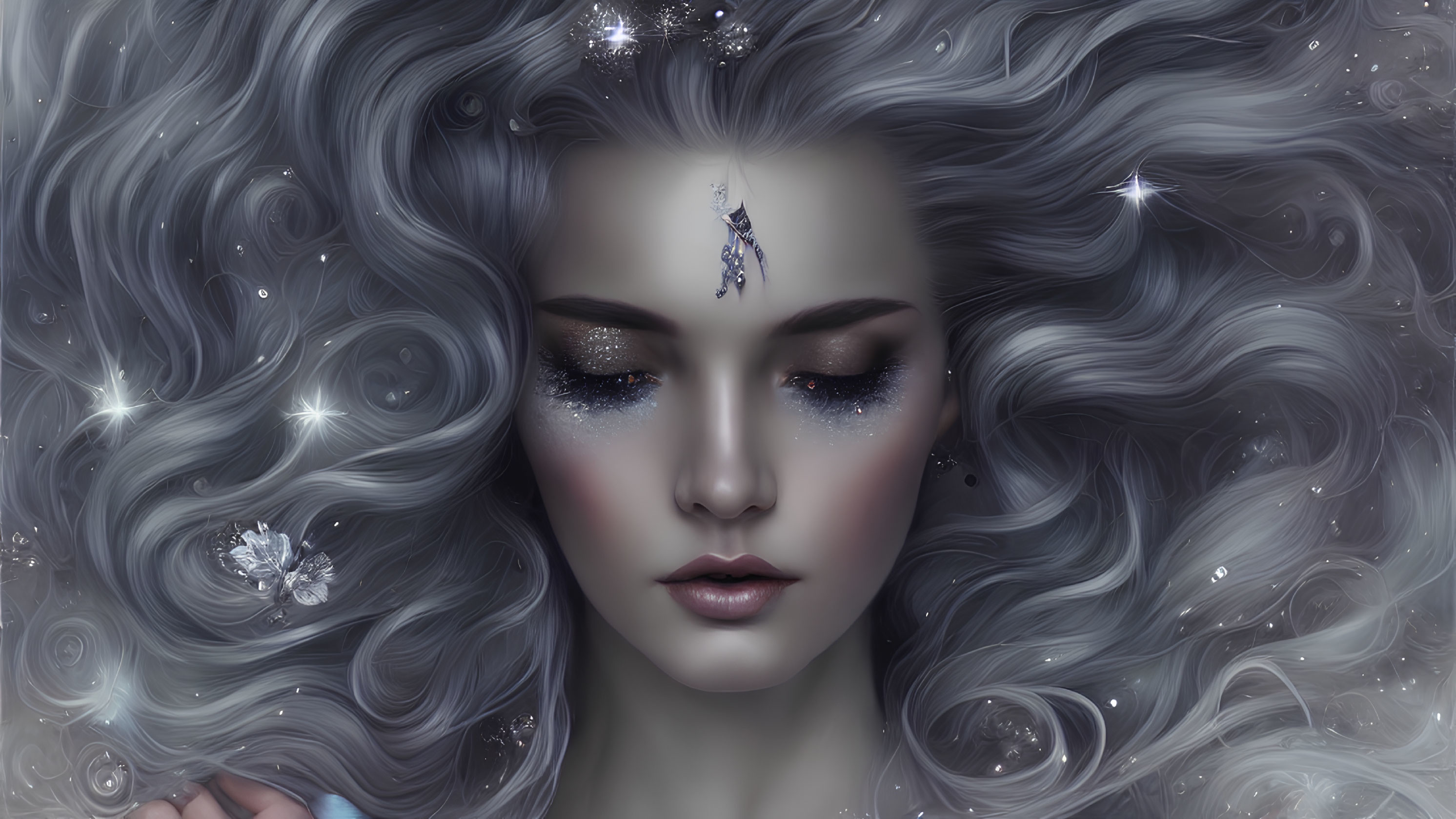 Fantastical image: Woman with flowing gray hair and jeweled adornment