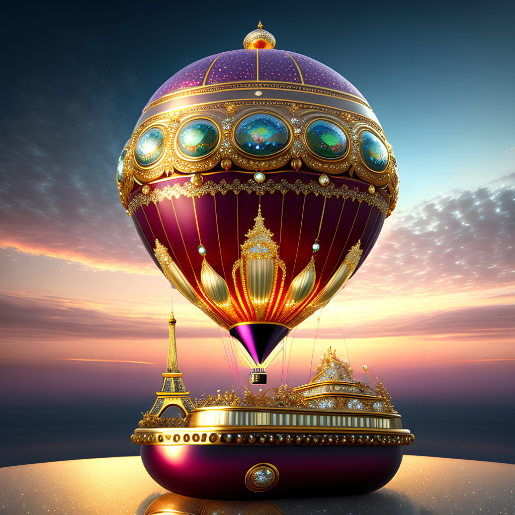 Ornate hot air balloon with gems and golden accents above cloud-covered horizon at sunset