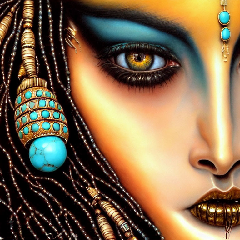 Fantastical female face with tribal jewelry and yellow eye on golden background