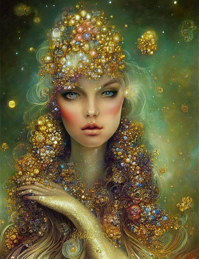 Golden headpieces and sparkling jewels on a woman in a fantastical portrait with a starry backdrop