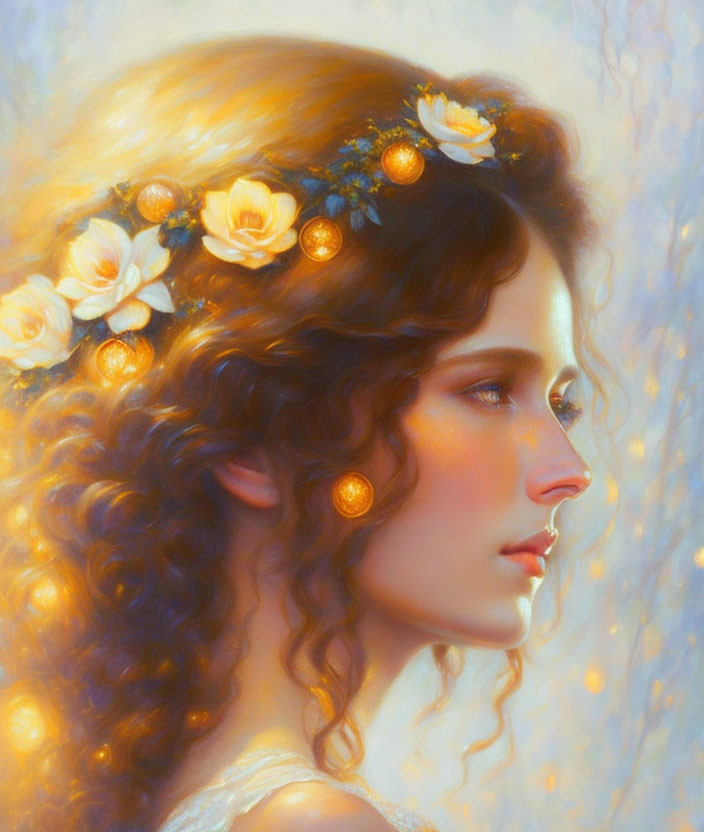 Curly-haired woman with floral headpiece in soft glow