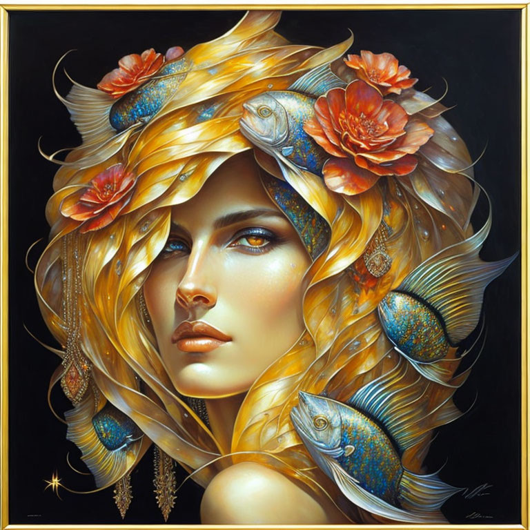 Vibrant portrait featuring woman with golden hair, fish, and flowers on dark backdrop