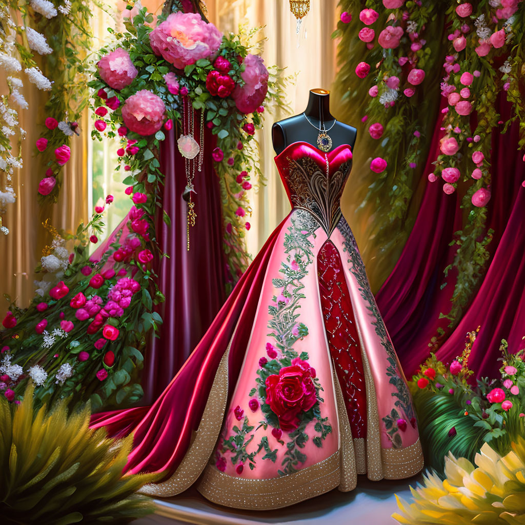 Exquisite pink and red ball gown with intricate embroidery amid lush floral backdrop