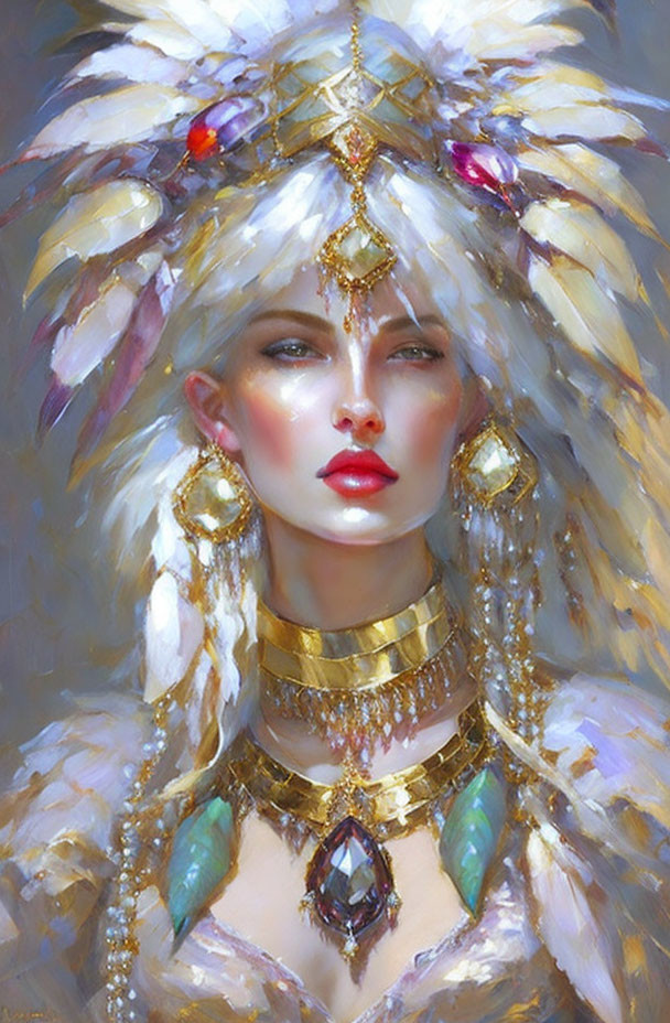 Woman in Luxurious White Feather Headdress with Gold Jewelry