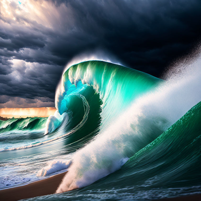 Large Wave Cresting with Intricate Textures and Hues under Dramatic Sky