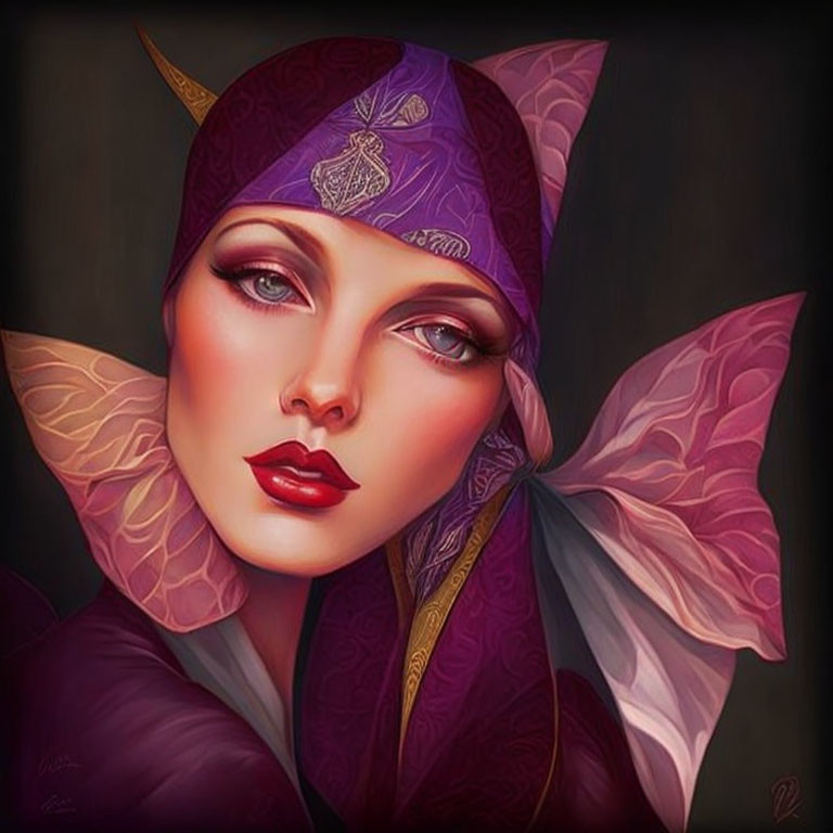 Digital portrait of woman with fantasy theme: pointed ears, purple headdress, butterfly wings.