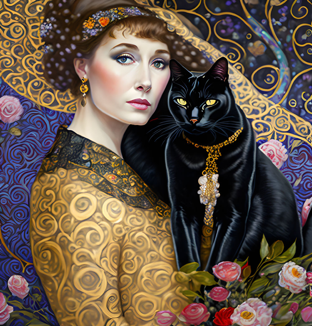 Woman with ornate hairpiece beside black cat and vibrant flowers.