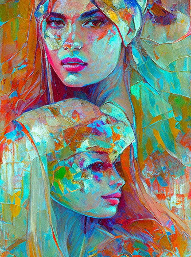 Vivid abstract painting of two women's faces with colorful patterns on textured background