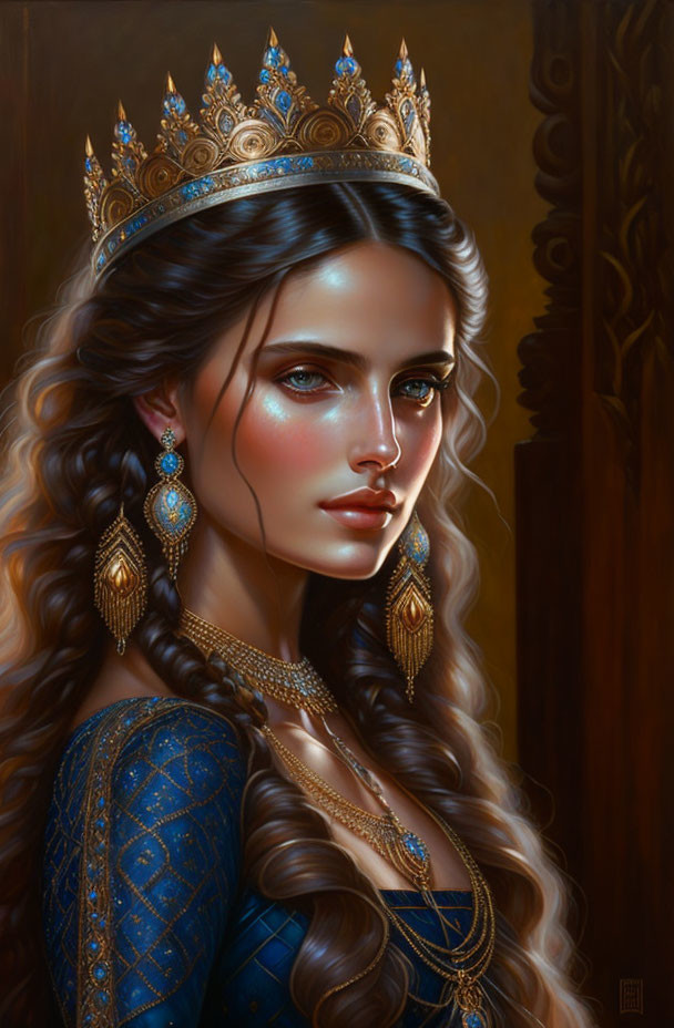 Regal woman with braided hair and golden crown in blue gown